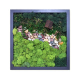 moss, art, frame. biophilic, wellness, calm, health, living, aura, round, wood, ferns, white, stones, nature