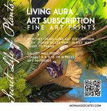 Details of the Living Aura art subscription with nature-themed elements and a QR code.